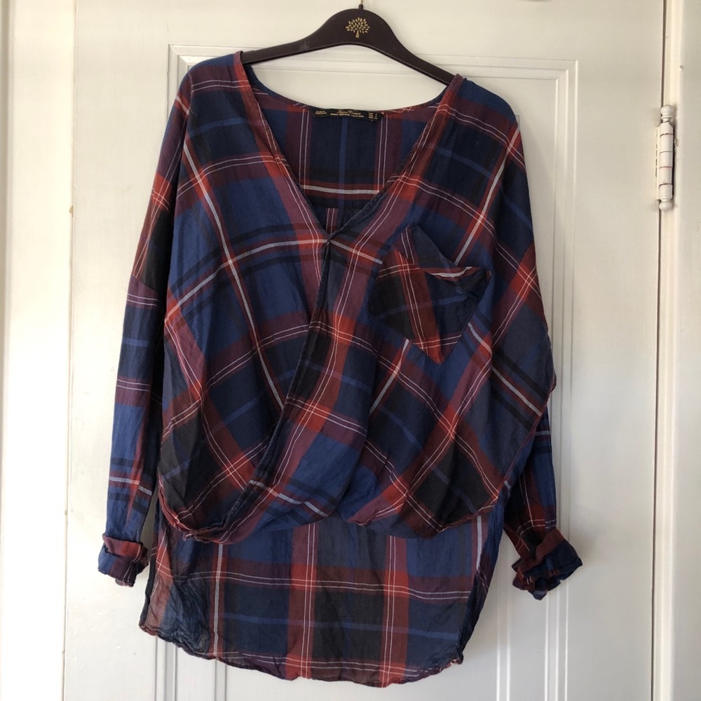 Zara Women Crossover Wrap Plaid Top